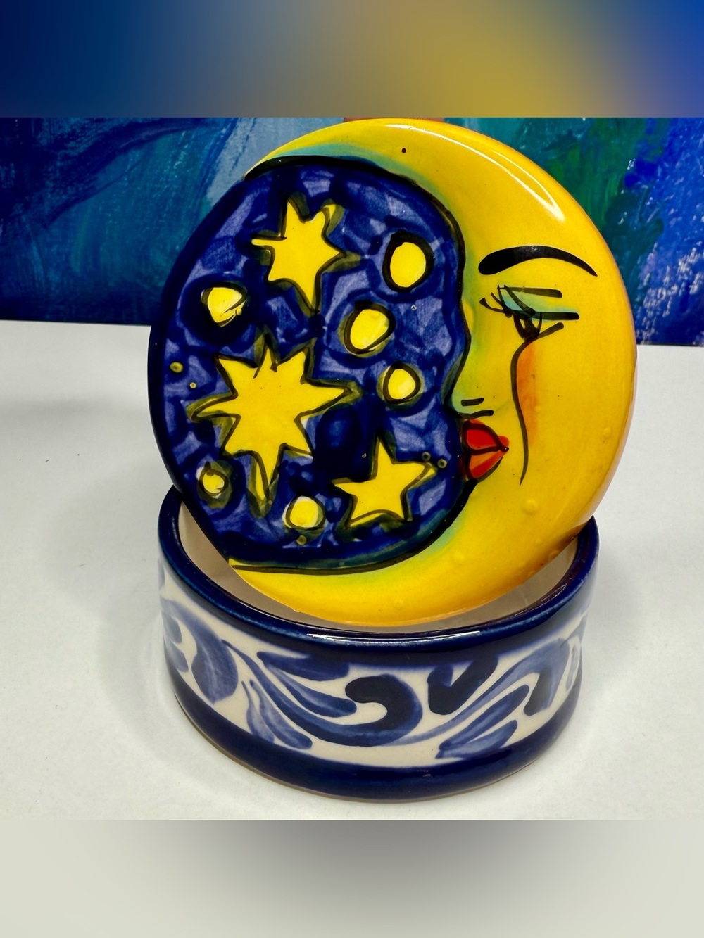 Crescent Moon Star Trinket Box Ceramic HandPainted Folk Art Costa Rica Pura Vida